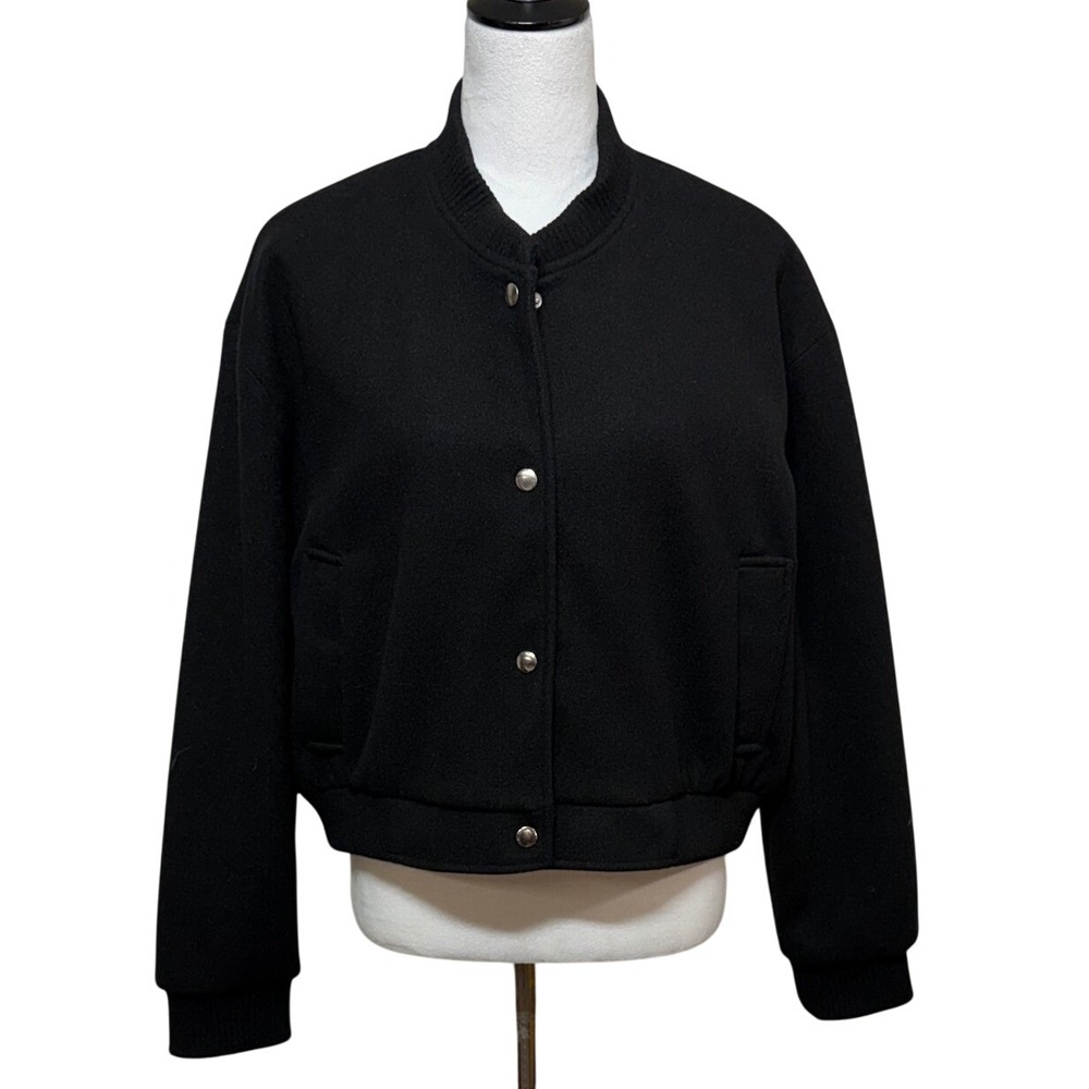 NEW Zara Jacket Womens XL Black Soft Cropped Bomber Wool Blend Snap Front